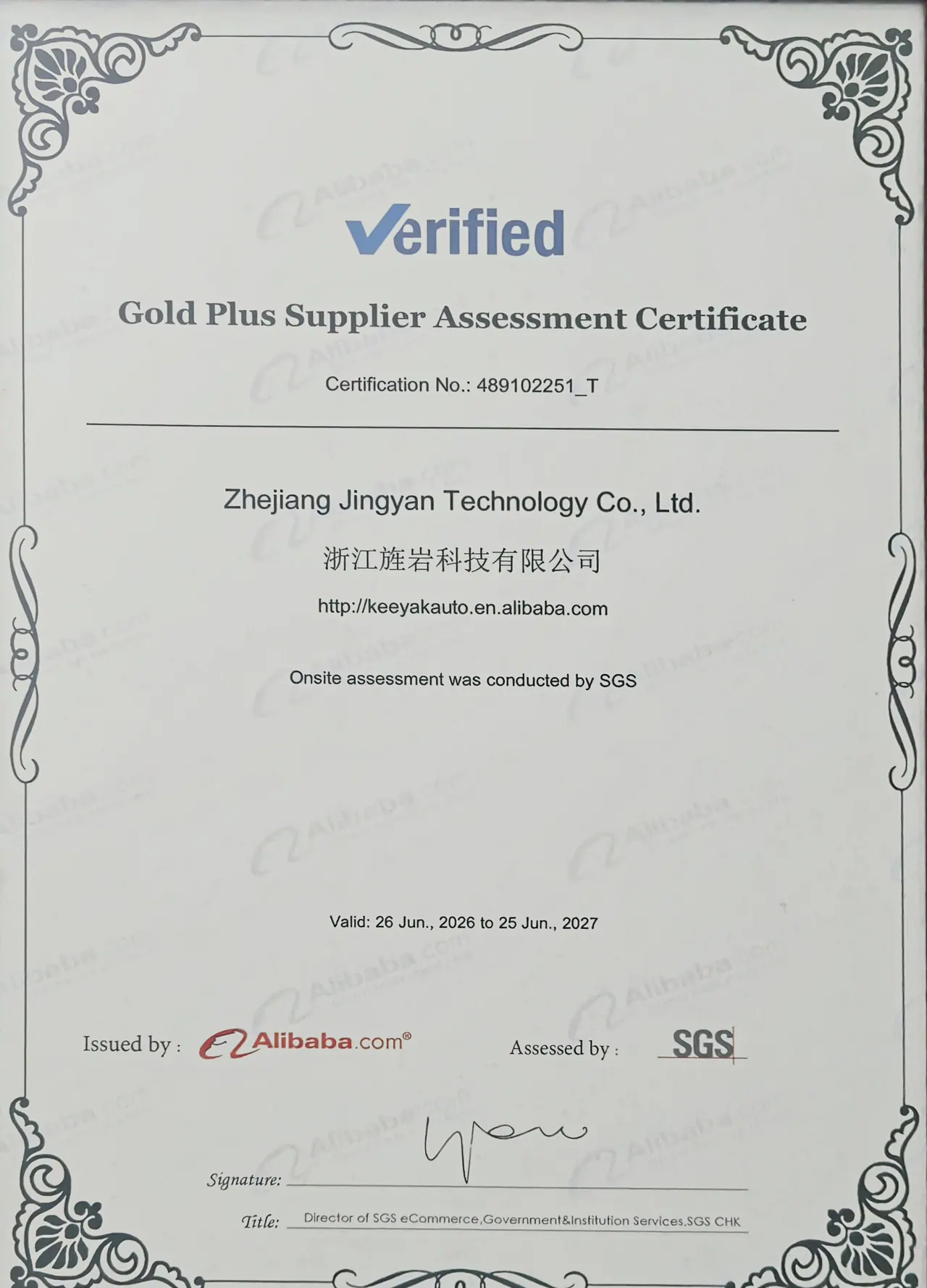 SGS сертификат оценки поставщика Gold Plus для Zhejiang Jingyan Technology, действительный с 2026