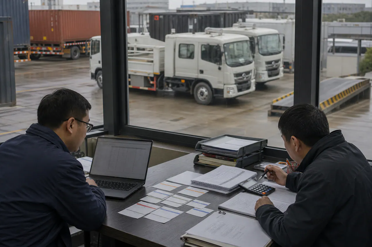 Illustrated buyer reviewing purchase, freight and operating-cost inputs for a special vehicle