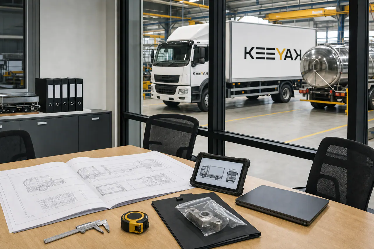 Vehicle drawings and project tools on an empty engineering table overlooking completed KEEYAK trucks