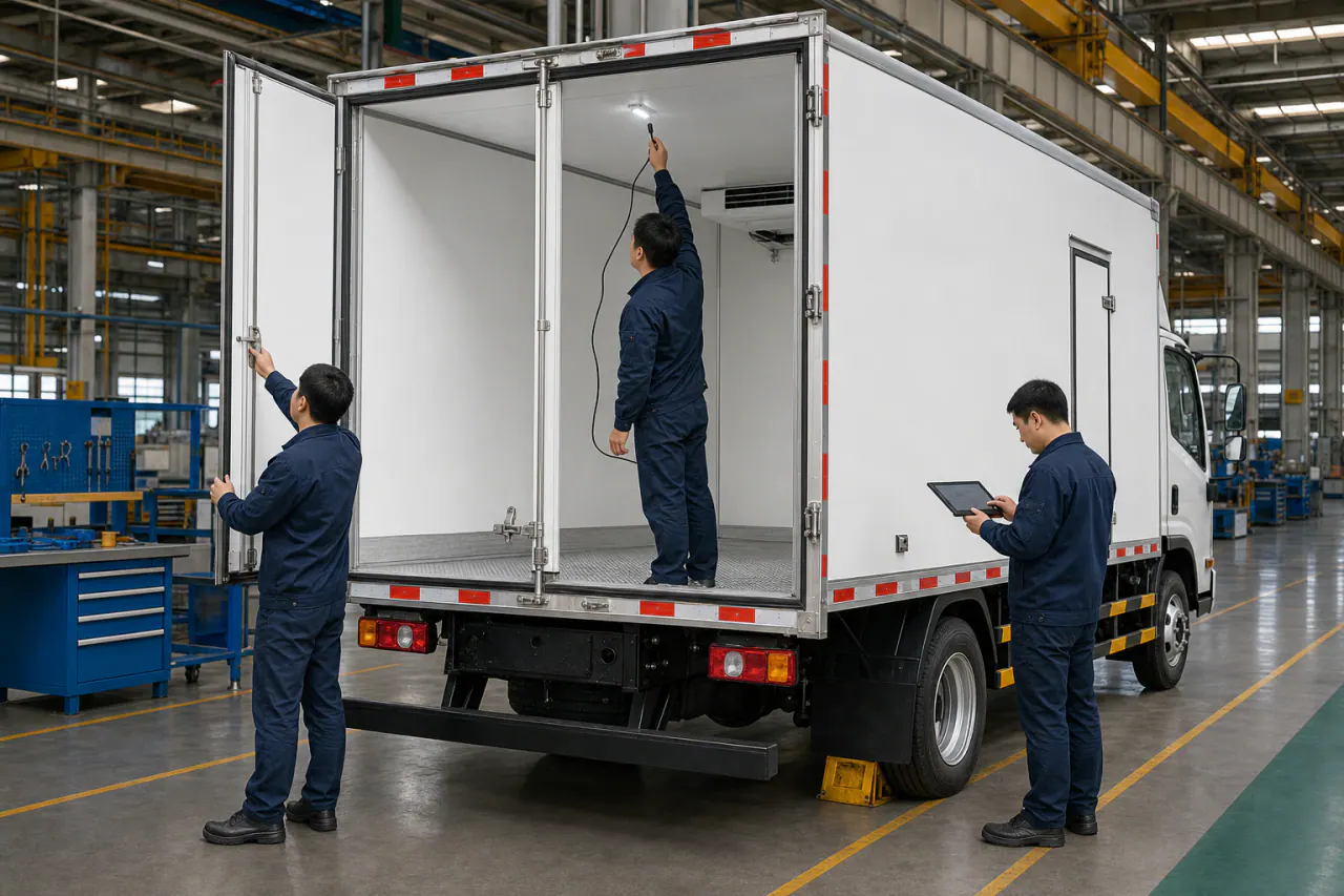 Process illustration of technicians inspecting a refrigerated truck before shipment