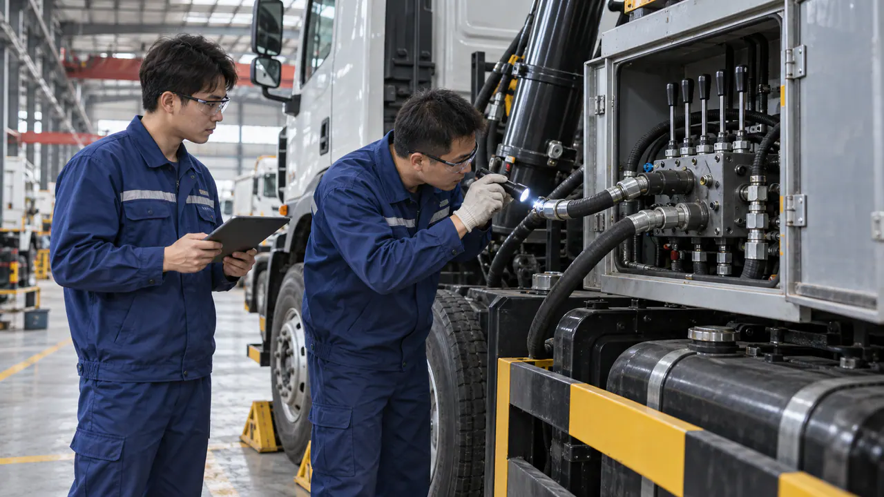 Technicians reviewing accessible hydraulic connections on a stationary vehicle.