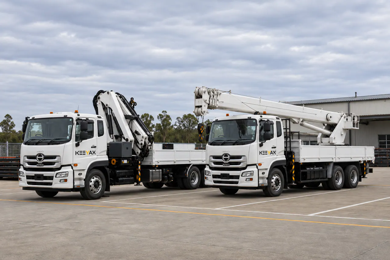 Knuckle-boom and stiff-boom truck cranes presented side by side