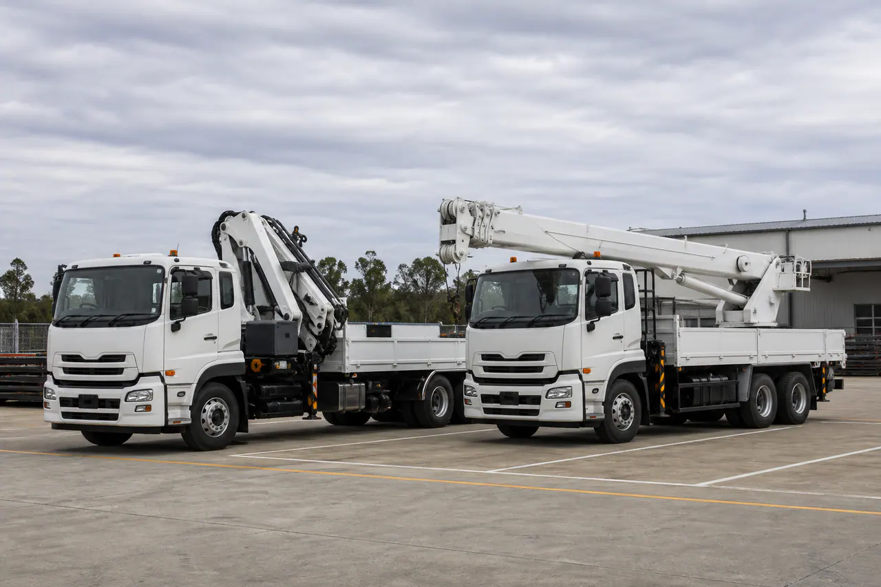Illustrated knuckle-boom and stiff-boom truck cranes presented side by side