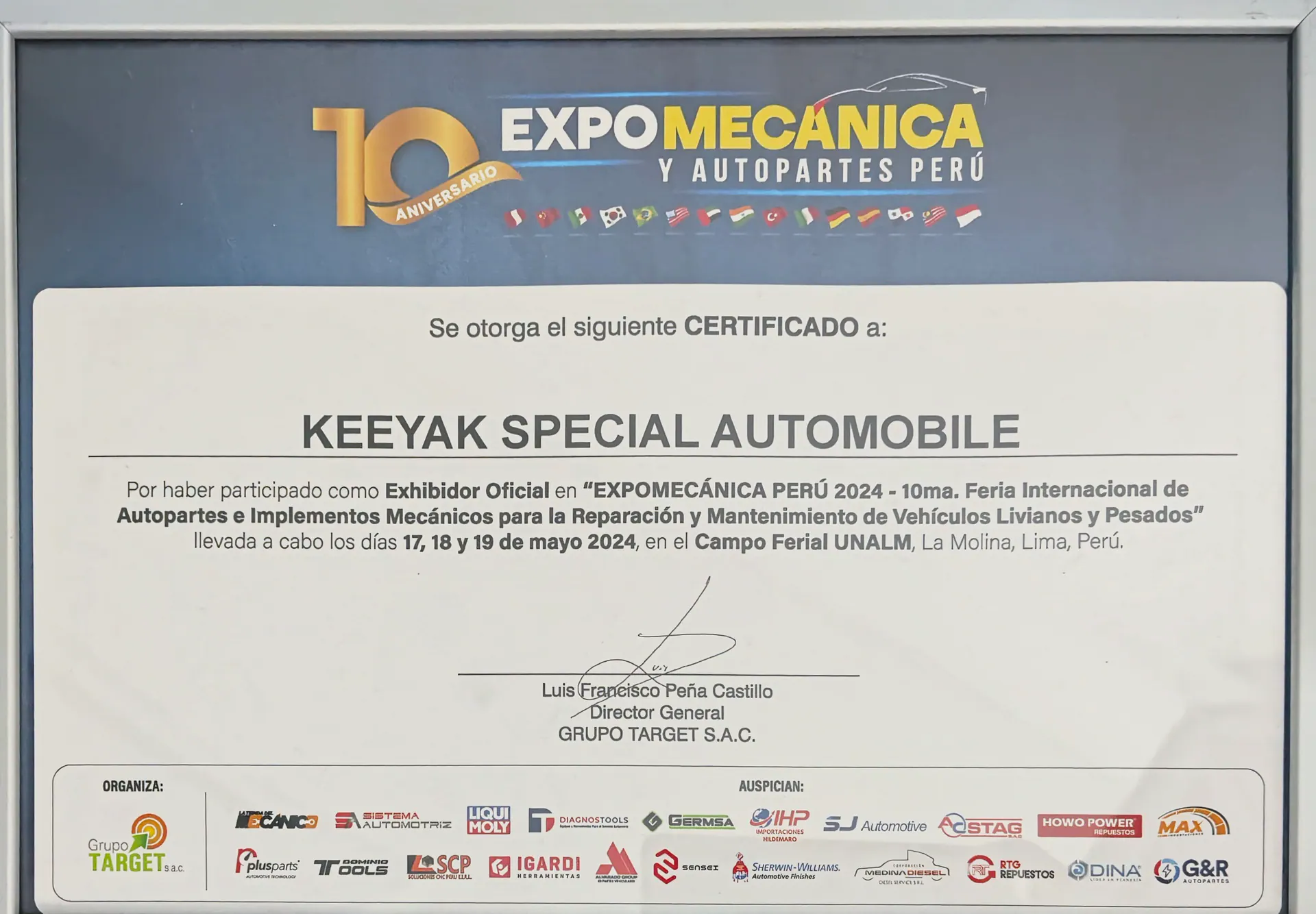 Сертификат участника ExpoMecánica Perú 2024 для KEEYAK Special Automobile