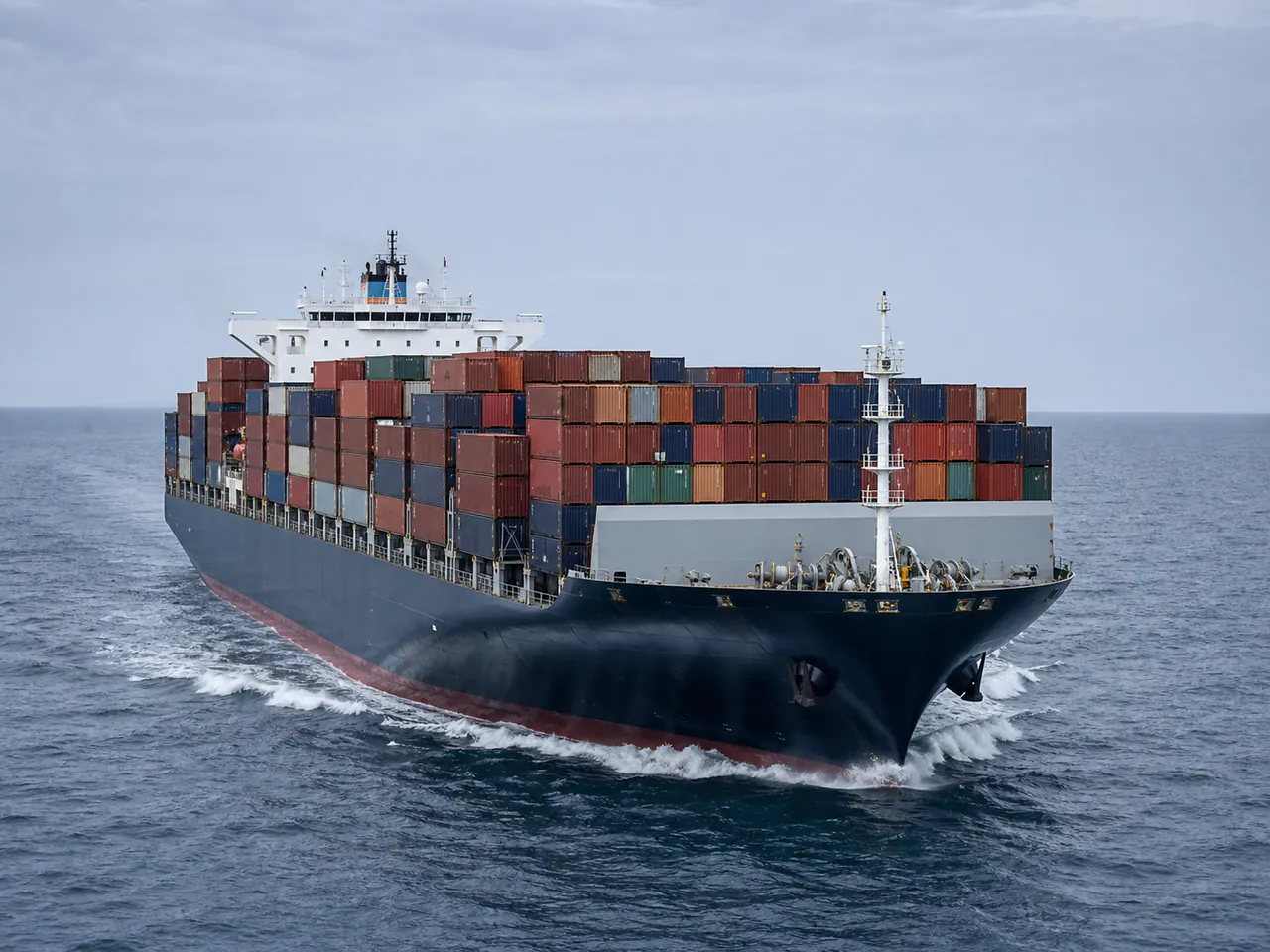 AI-generated illustrative view of a container ship carrying cargo at sea