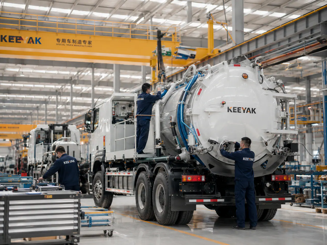 KEEYAK workshop team working around a white special vehicle during production