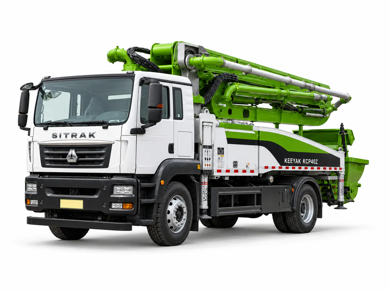 White concrete pump truck with a folded green placing boom.