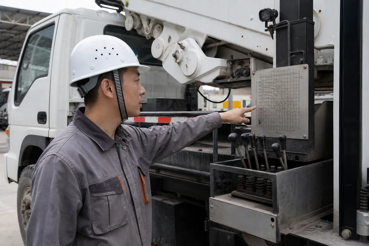 Illustrated truck-mounted crane with a load chart and working-radius reference