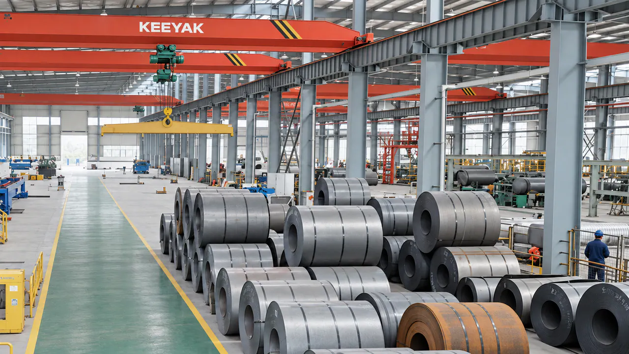 Steel coils stored beside the workshop aisle and material-handling equipment.