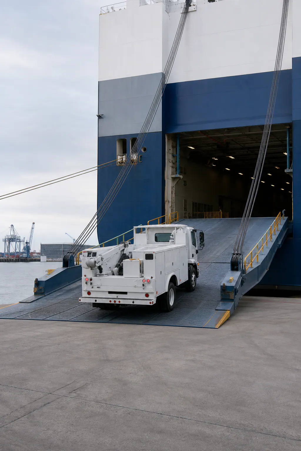 Complete utility truck driving onto a roll-on roll-off cargo vessel