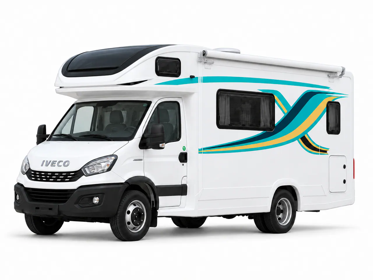 White motorhome with an over-cab sleeping section and green and yellow side graphics.