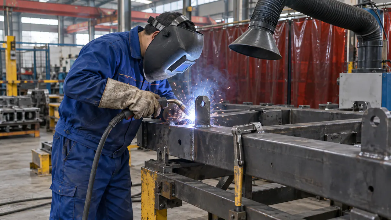 A bracket being welded to a vehicle subframe on a fixture.