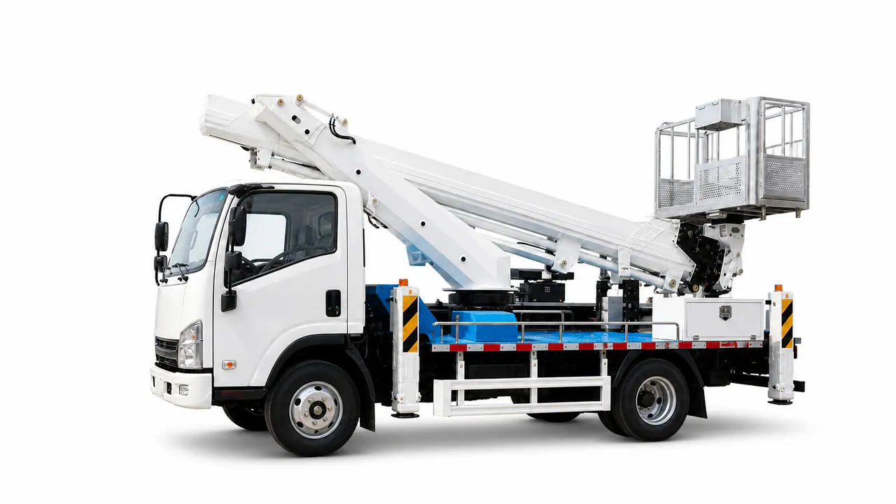 ISUZU KV100 تكوين شاحنة منصة العمل الجوي يظهر في عرض المركبة التحريرية