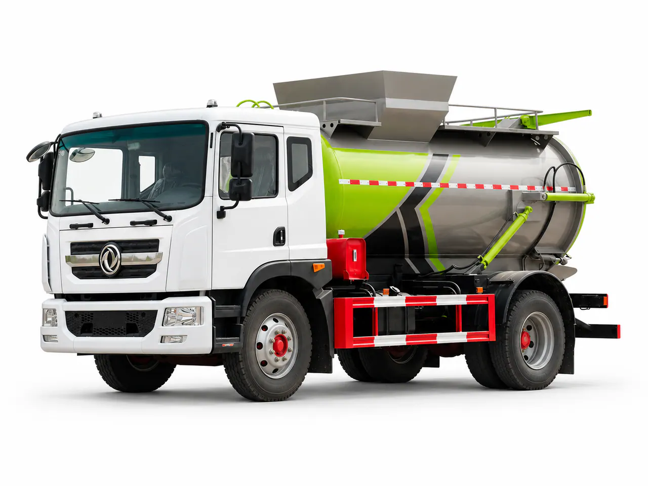White waste collection truck with a rounded hopper body and green side mechanism.