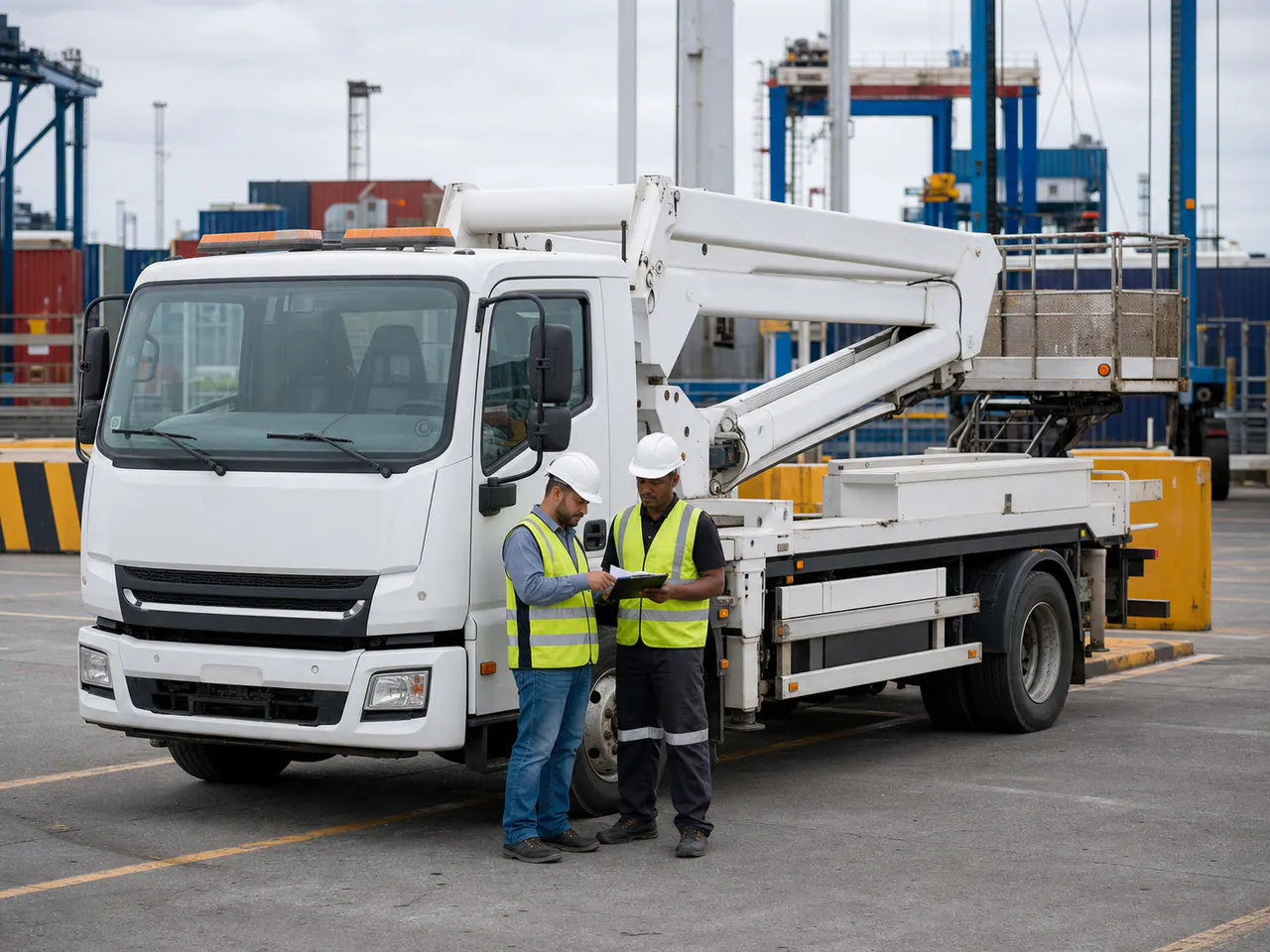 AI-generated illustrative view of a special-purpose truck prepared for pickup at a cargo port