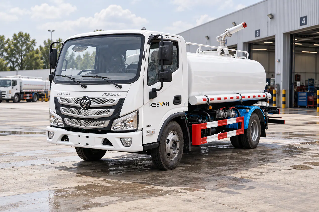 White, red and blue multi-purpose water sprinkler truck with a roof-mounted water cannon
