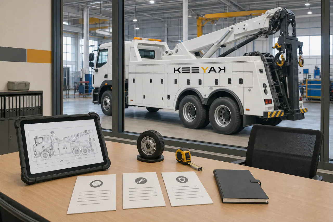 Vehicle question cards and a truck schematic on an empty consultation table beside a KEEYAK recovery truck